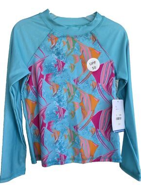Reel Legends Kids Swim Sun Shirt/Rash guard in blue w/ Fish Print UPF 50 New XS
